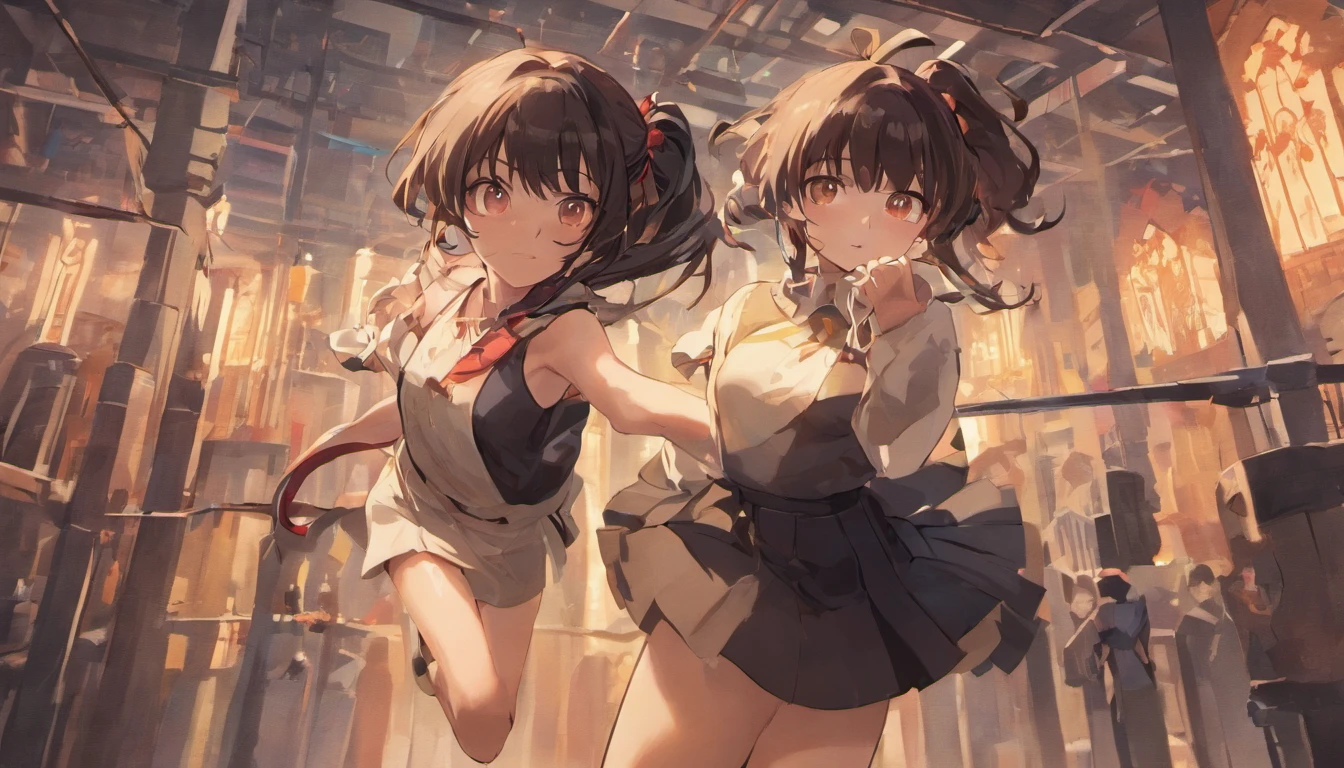 masterpiece,best quality,highres,ultra high res,normal body shape,anime,1 female,close up,indifferent,arms behind back,school uniform,pleated skirt,pantyhose,high ponytail,long black hair,details eyes,details lips,huge breasts,slim waist,medium thighs,high heels