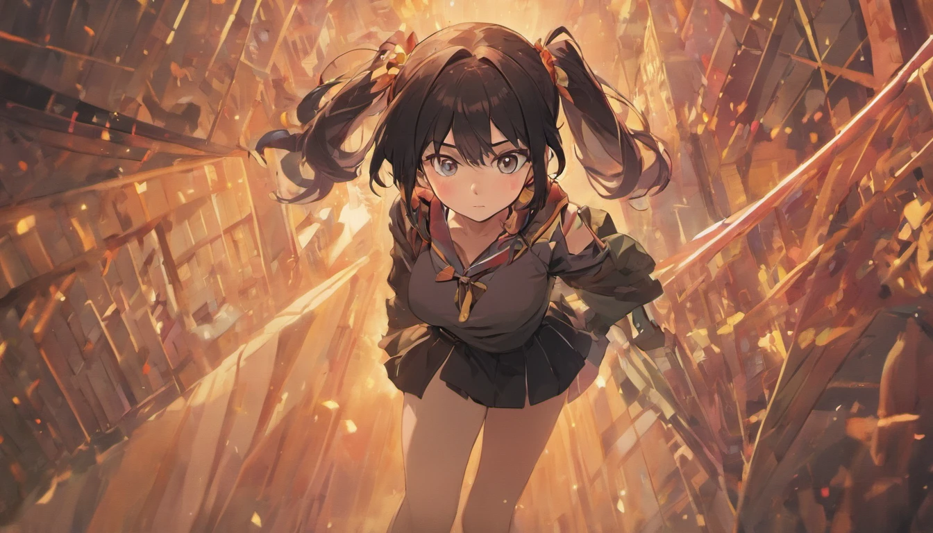 masterpiece,best quality,highres,ultra high res,normal body shape,anime,1 female,close up,indifferent,arms behind back,school uniform,pleated skirt,pantyhose,high ponytail,long black hair,details eyes,details lips,huge breasts,slim waist,medium thighs,high heels