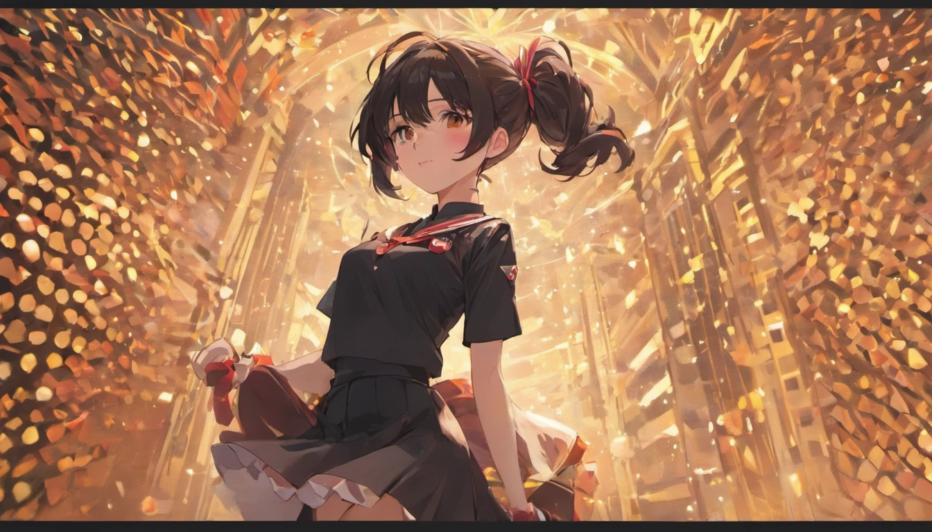 masterpiece,best quality,highres,ultra high res,normal body shape,anime,1 female,close up,indifferent,arms behind back,school uniform,pleated skirt,pantyhose,high ponytail,long black hair,details eyes,details lips,huge breasts,slim waist,medium thighs,high heels