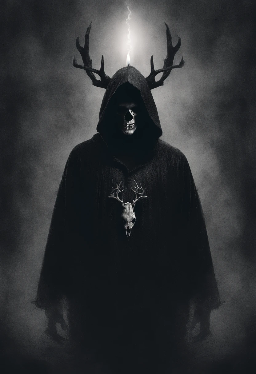(a person wearing a black hooded robe and a satanic deer skull,a wax candle),(best quality,highres,gloomy,horror,satanic,dark color scheme),dimly lit background,gloomy atmosphere,flickering candle light,creepy vibes,detailed robe texture,dark and mysterious,haunting shadows,spooky aura,sinister expression in the eyes,subtle glow on the candle flame, cinematic camera angle, photo realistic, highres
