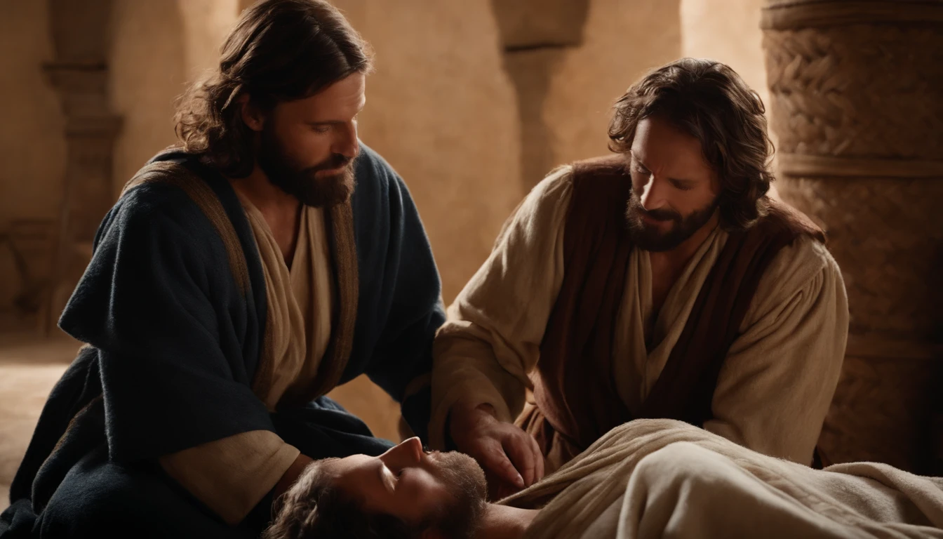 The Samaritan is present, caring for the injured in the inn, with a background that conveys the authenticity of the time of Christ. Highlight the expression of relief on the injured person's face. Use a color palette that suggests healing and support, avoiding contemporary elements., customs from the time of Jesus, Cinematic Image, setting similar to the time of Christ. UHD, perfect hands and feet, ultra realistic image, costumes and settings from the time of Jesus