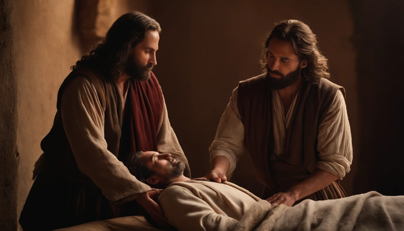 The Samaritan is present, caring for the injured in the inn, with a background that conveys the authenticity of the time of Christ. Highlight the expression of relief on the injured person's face. Use a color palette that suggests healing and support, avoiding contemporary elements., customs from the time of Jesus, Cinematic Image, setting similar to the time of Christ. UHD, perfect hands and feet, ultra realistic image, costumes and settings from the time of Jesus