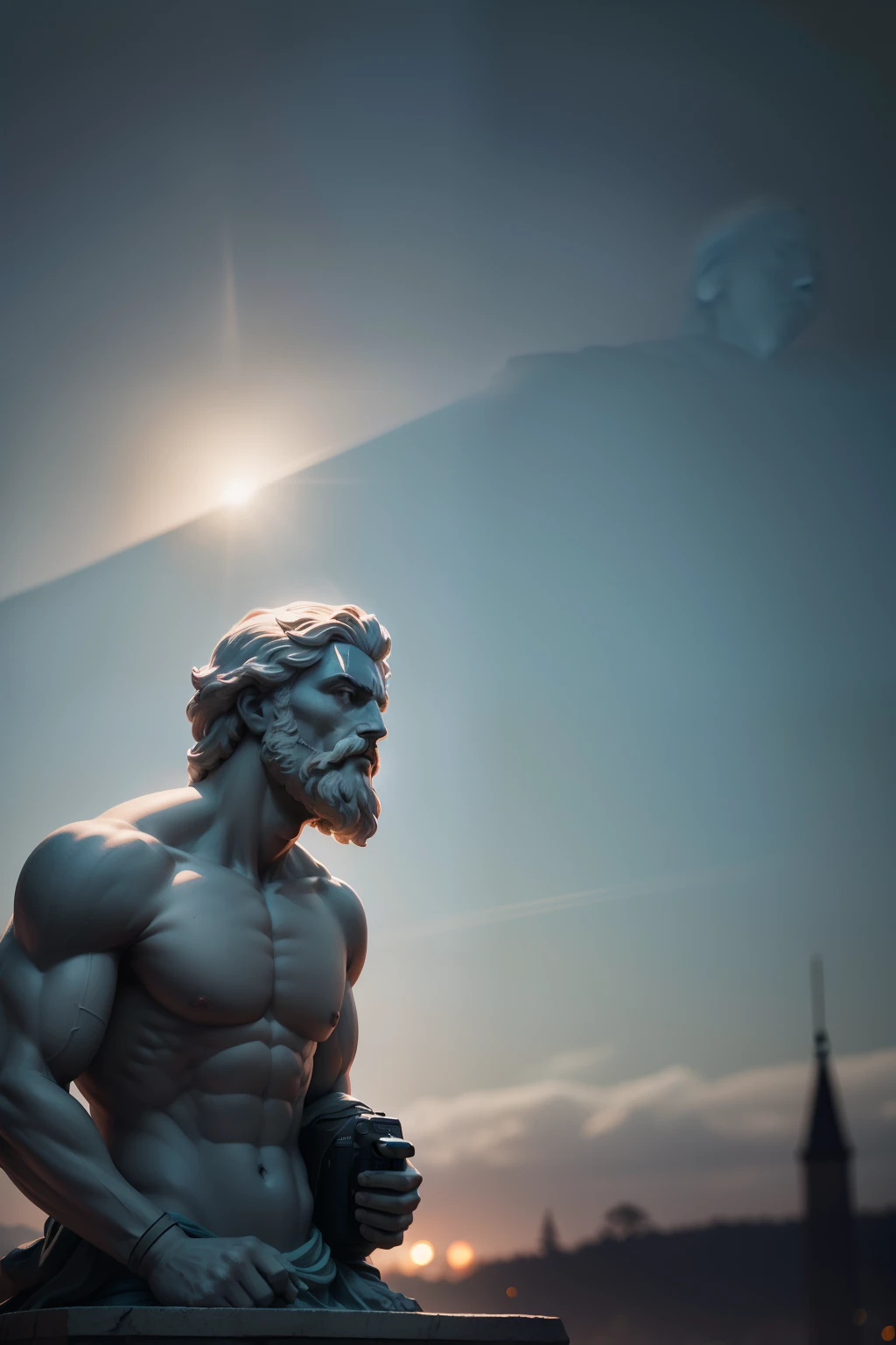 Foto de uma estatua de um deus grego, com barba, philosopher, com um templo ao fundo, 8k, cinematografia, epic light and shadow, muito contraste, fotografia profissional, uma profundidade de campo rasa, esculpido por michelangelo, capturado com uma NIkon D850 e uma Nikon AF-S NIKKOR 70-200mm f/2.8E FL ED VR lente, illuminated with high-key lighting to create a soft, ethereal feel,