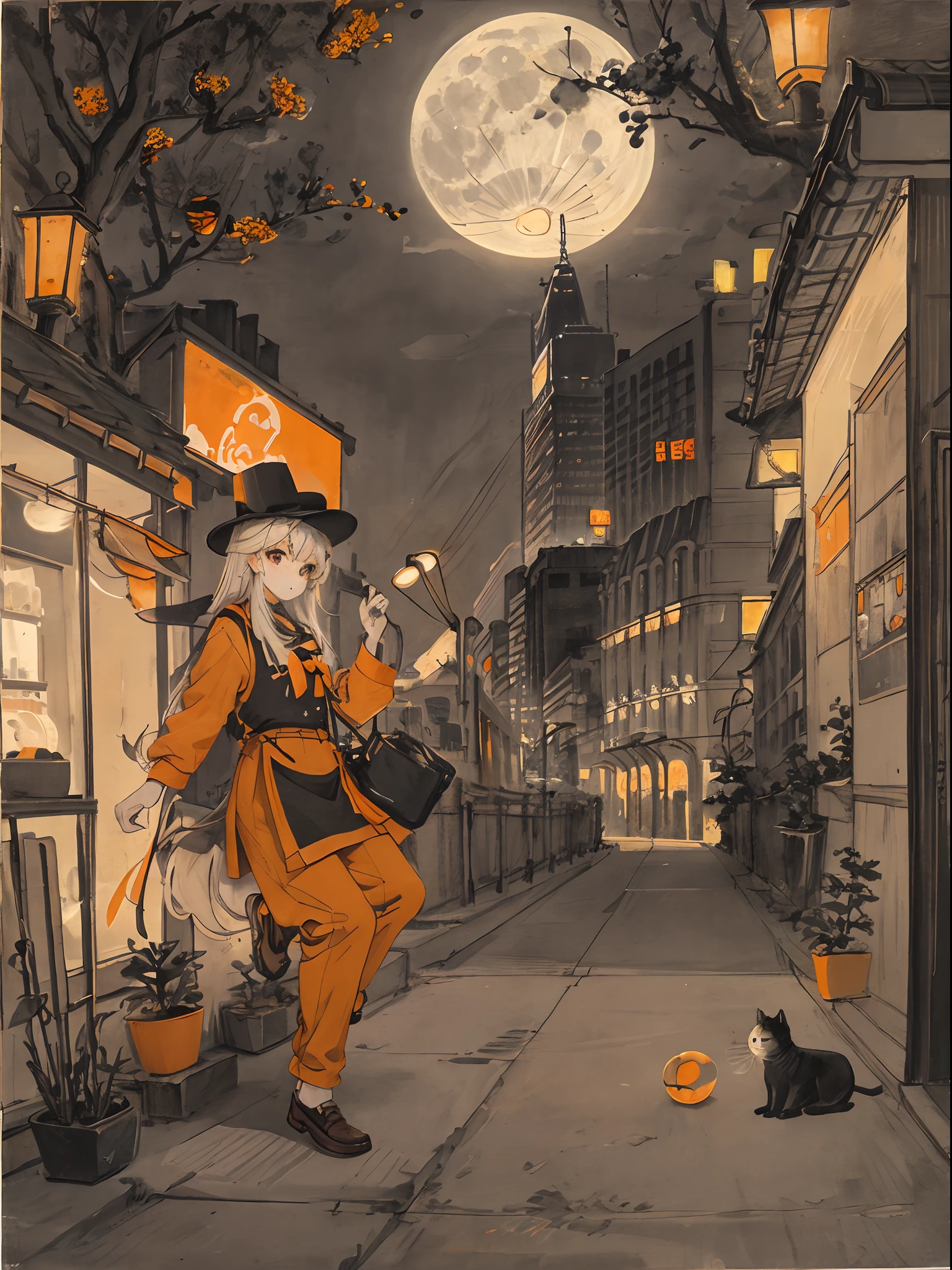 cat, orange, cute, big eyes, masterpiece, full moon, skyscrapers, street