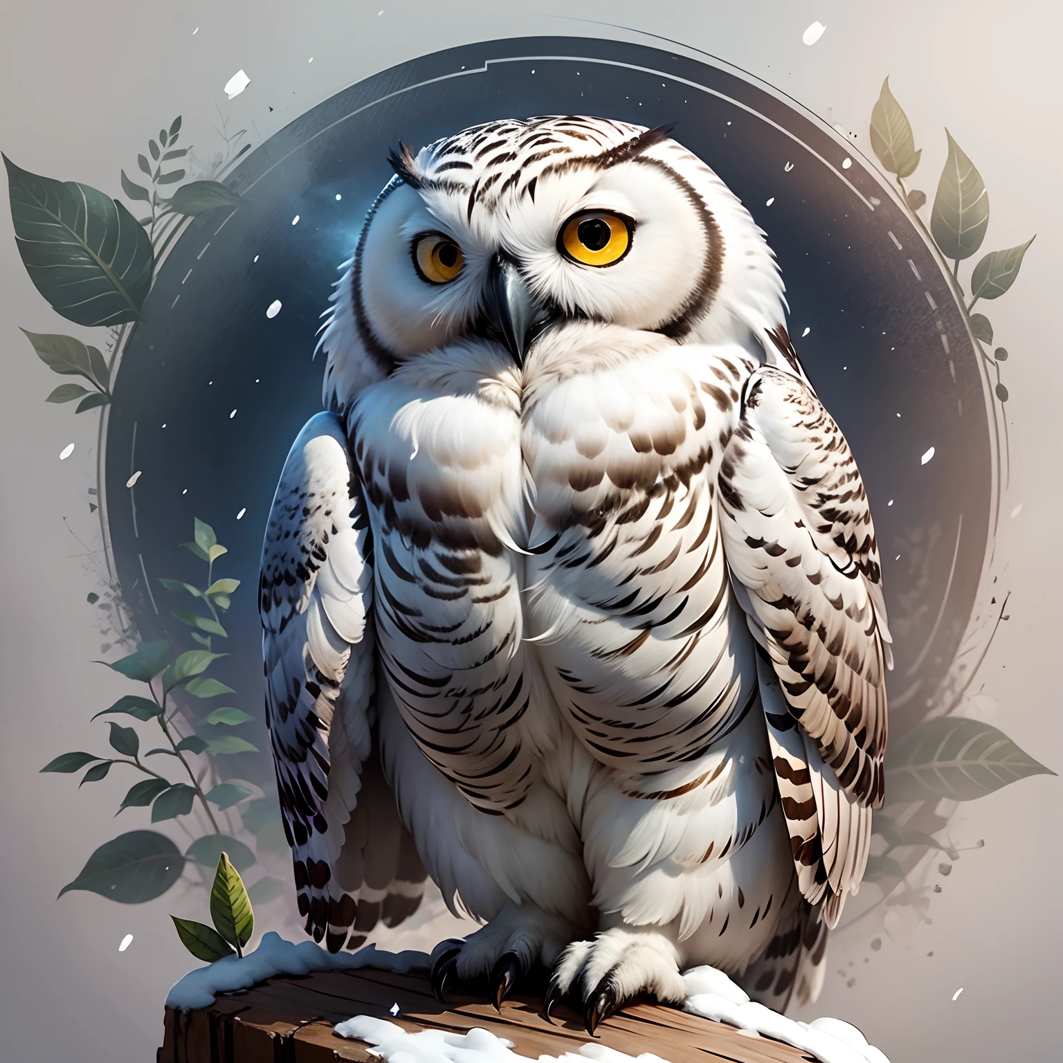 Cute snowy owl, scenery, fantasy, white background, ink