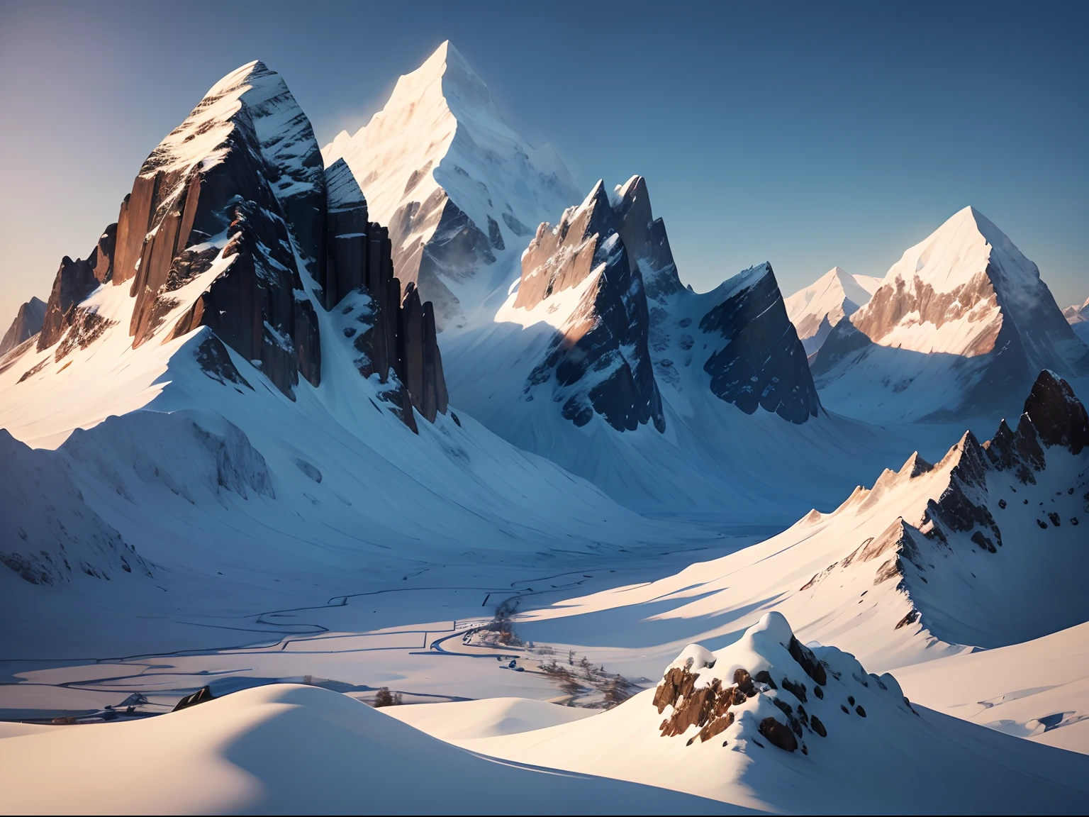 In the distance are majestic snow-capped mountains,The sky is dark blue,4K Ultra HD, 超高分辨率, (Photorealistic: 1.4), Best quality,Masterpiece,(pastel colour:1.2)