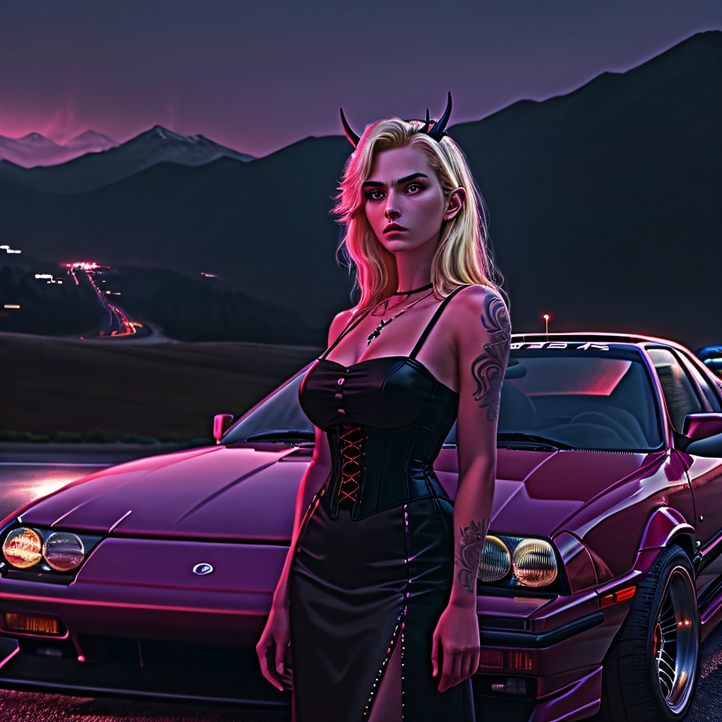 (1990s VHS style:1.2, caught on camera, illegal car meet, somewhere in Asia, mountains, gritty, dark color,LUT filter), major city , night , resto mod , retro futuristic , mildly modern , midnight , cars are 90's inspired , skyline , supra , rx7 , custom , modified . (masterpiece), (best quality:1.0), (ultra highres:1.0), beautiful lighting ,perfect lightning, realistic shadows, [highres] , (extremely detailed CG 8k wallpaper)adult girl, long blonde hair, red eyes, red witch tattoo, horns, tattoo, pink tight corset, standing outside of the car,