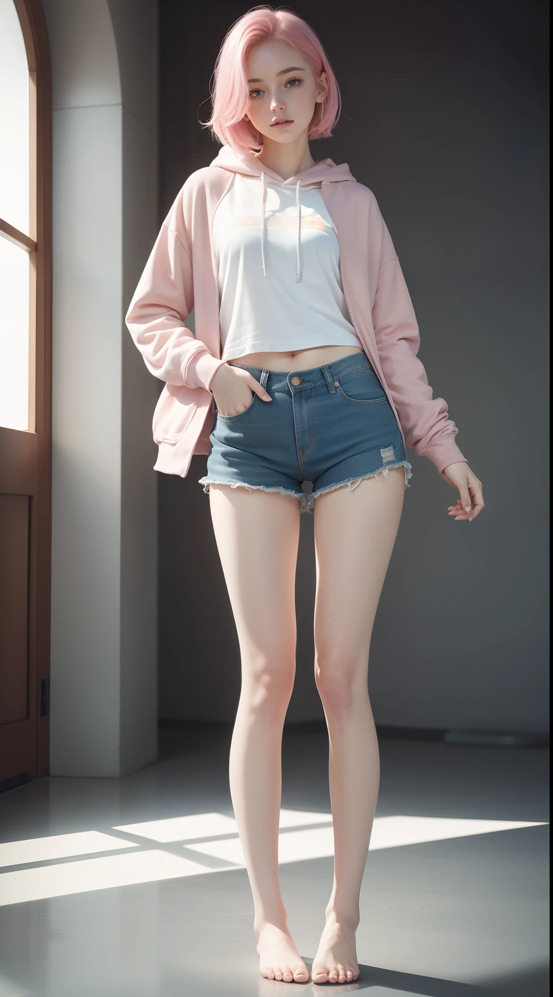 (full body portrait:1.3),dynamic pose,1girl,pale skin,pink hair,delicate face,heterochromia eyes,freckles,(black baggy hoodie:1.3,short shorts:1.3,barefoot),(thigh gap:1.3,thighs:1.3,one hip up:1.3),(best quality:1.2,ultra-detailed,realistic:1.37),soft colors,polished lighting