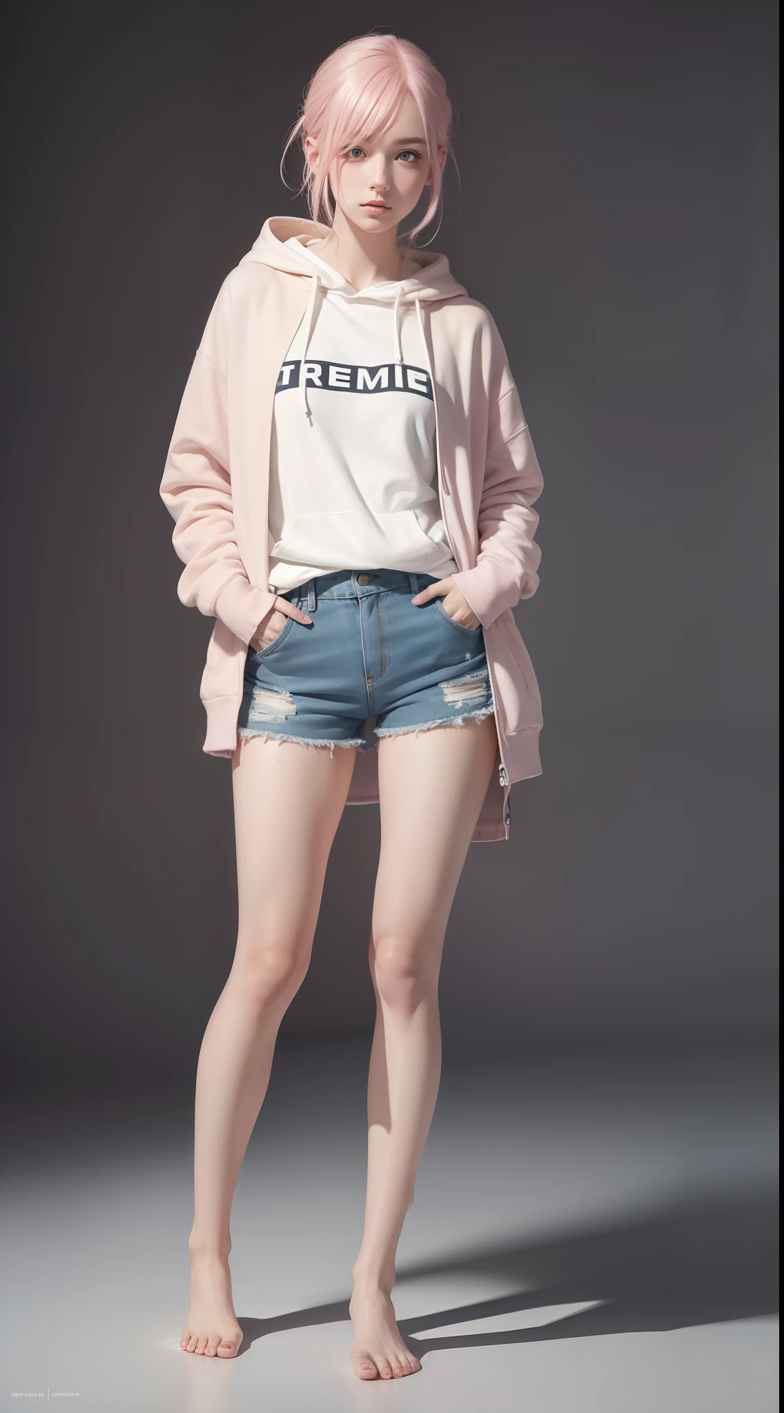 (full body portrait:1.3),dynamic pose,1girl,pale skin,pink hair,delicate face,heterochromia eyes,freckles,(black baggy hoodie:1.3,short shorts:1.3,barefoot),(thigh gap:1.3,thighs:1.3,one hip up:1.3),(best quality:1.2,ultra-detailed,realistic:1.37),soft colors,polished lighting