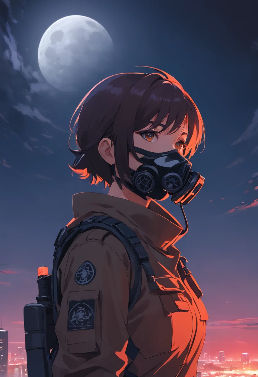 portrait of spec ops soldier scp complex, dark background, black uniform, gas mask, tactical equipment, white moon in the background, red moon, red moon behind the character,