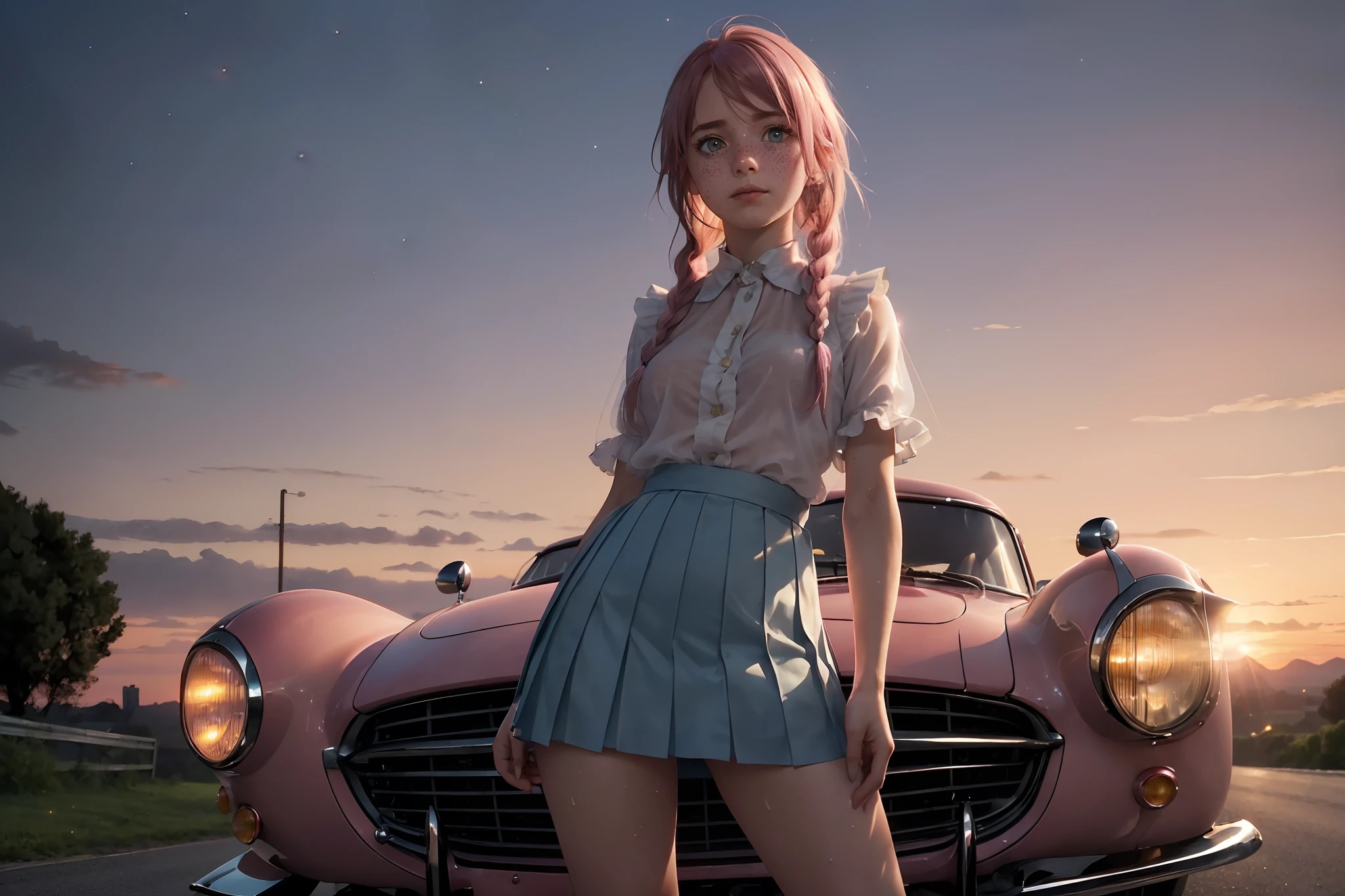 (a girl stand leaning againts front a vintage sport car:1.5), girl focus, areolas, ((see through white frilly shirt:1.3), full body, (dark_blue pleated skirt:1.2), (sweaty, see through)), (panty stretched:1.2), 25 years old, (beautiful sunset sky), (sunset, country road, city background:1.5), ((small chest, slim, thin body)), (photography, realistic, bokeh, blur, from below), ((pink hair, side braid)), (cenimatic lights, soft lights, detailed lighting:1.3)