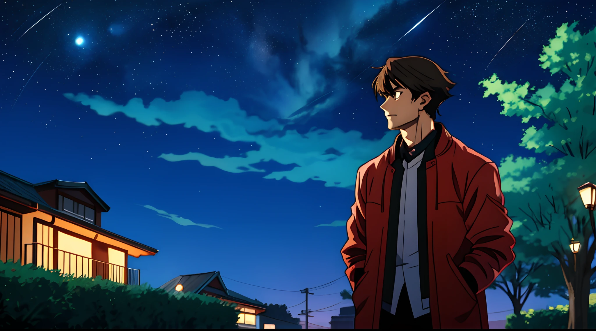 style of anime。At night，The man is picking the stars。