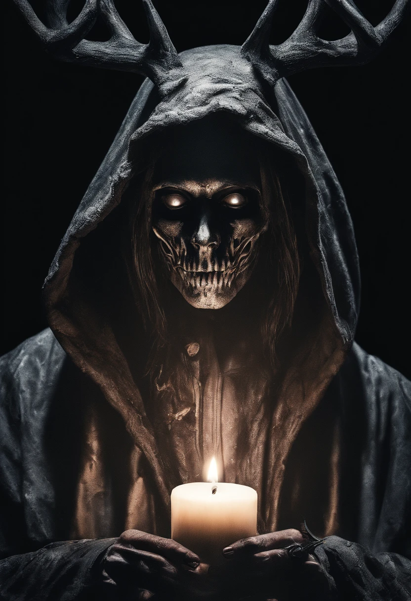 (a person wearing a black hooded robe and a satanic deer skull,holding a wax candle, looking down away from viewer),(best quality,highres,gloomy,horror,satanic,dark color scheme),dimly lit background,gloomy atmosphere,flickering candle light,creepy vibes,detailed robe texture,dark and mysterious,haunting shadows,spooky aura,sinister expression in the eyes,subtle glow on the candle flame, cinematic camera angle, photo realistic, highres,