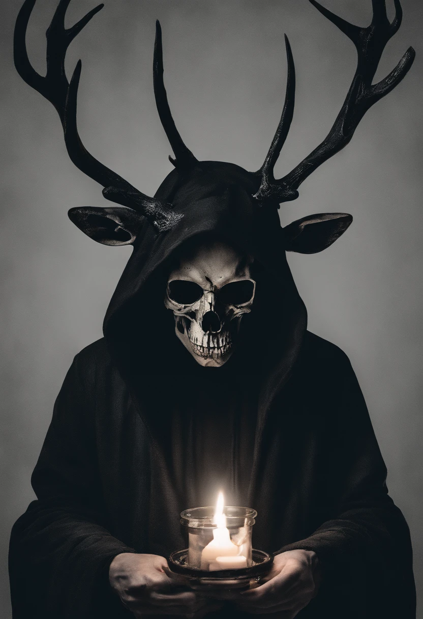 (a person wearing a black hooded robe and a satanic deer skull,holding a wax candle, looking down away from viewer),(best quality,highres,gloomy,horror,satanic,dark color scheme),dimly lit background,gloomy atmosphere,flickering candle light,creepy vibes,detailed robe texture,dark and mysterious,haunting shadows,spooky aura,sinister expression in the eyes,subtle glow on the candle flame, cinematic camera angle, photo realistic, highres,