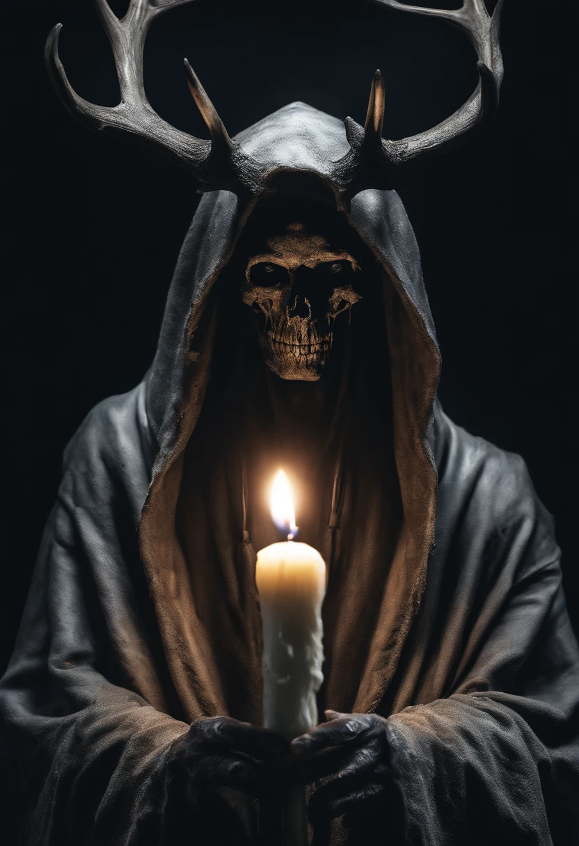 (a person wearing a black hooded robe and a satanic deer skull,a wax candle),(best quality,highres,gloomy,horror,satanic,dark color scheme),dimly lit background,gloomy atmosphere,flickering candle light,creepy vibes,detailed robe texture,dark and mysterious,haunting shadows,spooky aura,sinister expression in the eyes,subtle glow on the candle flame, cinematic camera angle