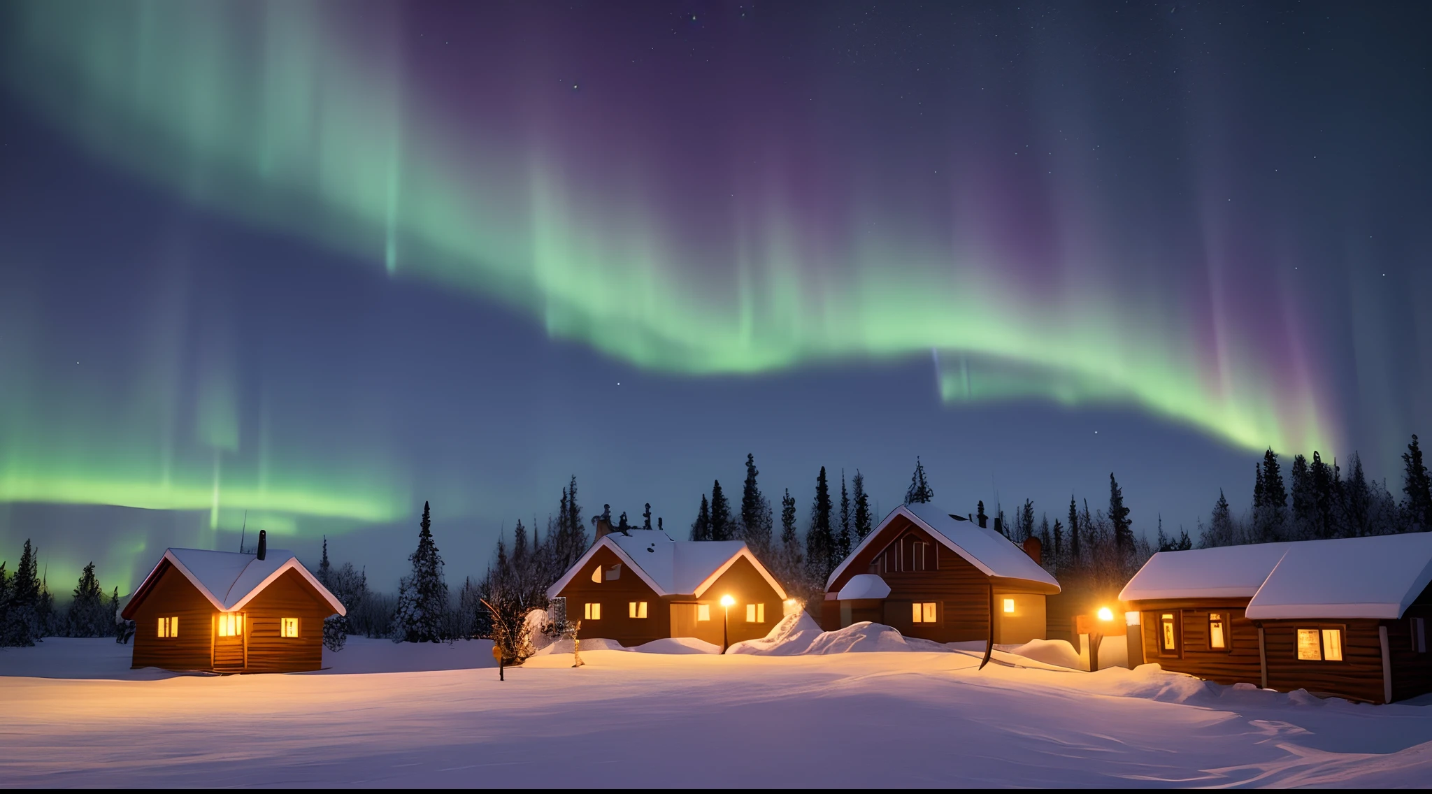 Crie uma imagem de uma vila do ano de 1720, where houses are made of logs of woods, os telhados feitos com madeira, This village is in the Arctic, under the cold of -40° Celsius, The only street is full of snow, the lights are on because it's night, and the aurora borealis is all colored illuminating the sky. I created this image so that the photo was taken with a drone from the year 2022 in high resolution, in 8k and ultra definition, and provide me 1 photo at each prompt.