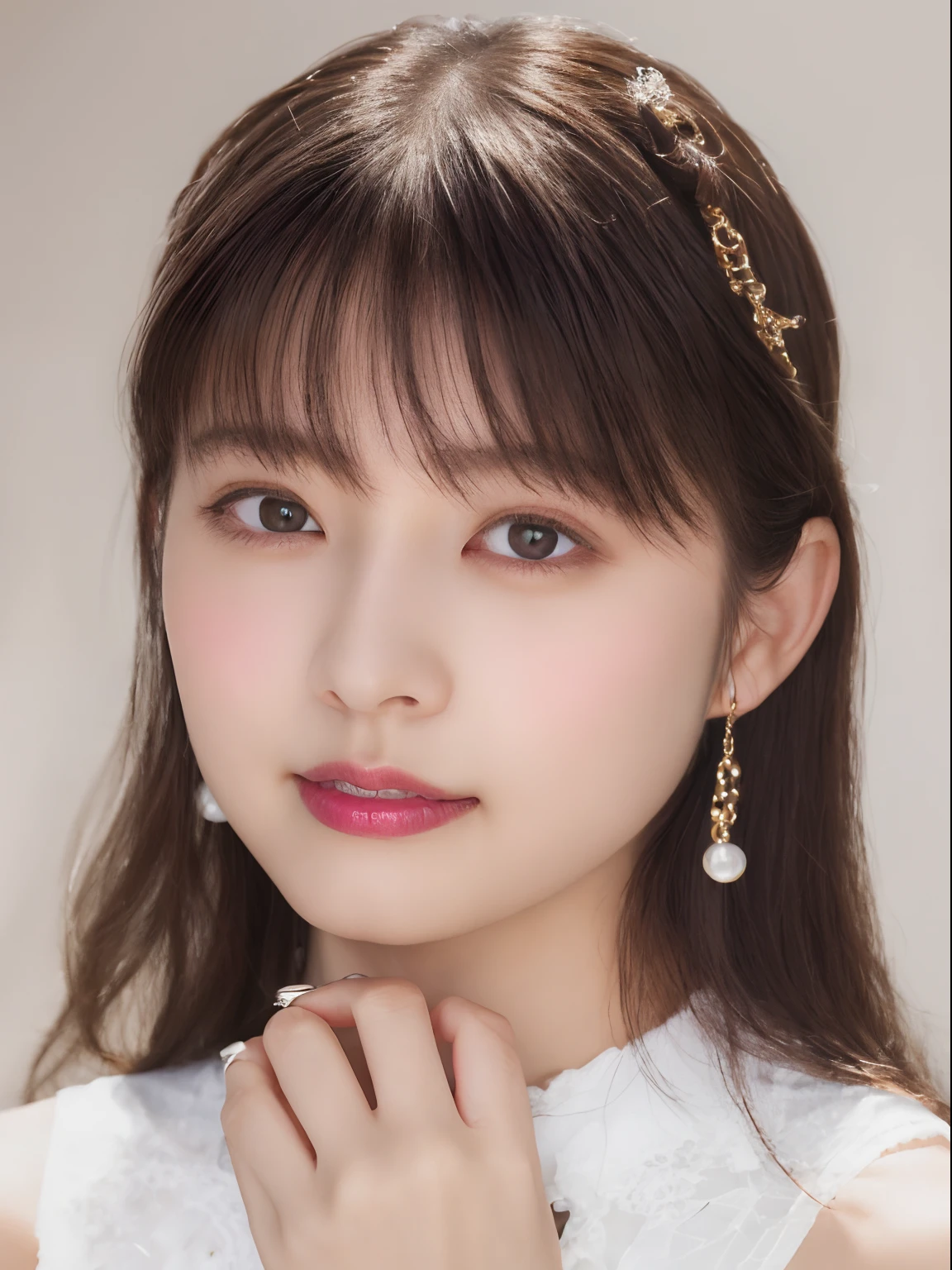 Princess , in castle, high quality, super quality, (detailed face:1.4) ,beautiful woman , golden eyes, long hair , tight gorgeous dress, tiara, necklace , earring , sharpe eyebrow , beautiful bangs are covering her eyes , huge breast ,upper body ,