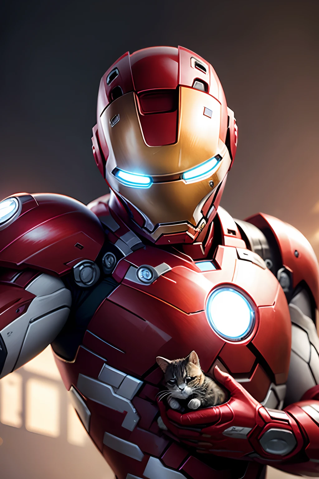 ironman without helmet holding a kitten