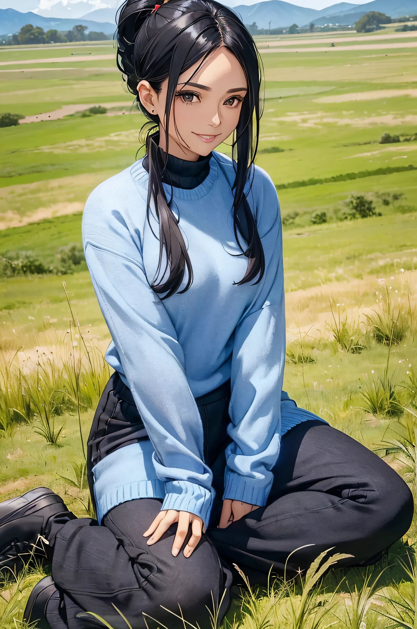 A beautiful woman, black color hair, ponytail hairstyle, (( grassland background)), (( blue sweater ,perfect body figure, beautiful face, age 46, royal, calm smile)), sitting