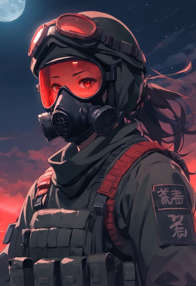 portrait of spec ops soldier scp complex, dark background, black uniform, gas mask, tactical equipment, red moon in the background, red moon, red moon behind the character,
