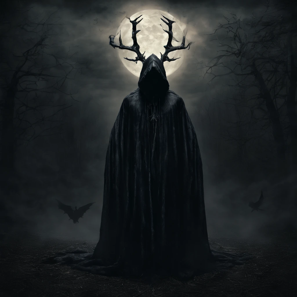 (best quality,4k,8k,highres,masterpiece:1.2),ultra-detailed,(realistic,photorealistic,photo-realistic:1.37),horror,dark,occult,gloomy,color scheme,night time,shadowy,gloomy,ominous atmosphere,A person wearing a deer skull on their head,black robe,candle,burning, flickering light,satanic alter,creepy,dark magic,vivid colors,surrealistic,moonlight,shadows dancing,haunting,spooky aesthetic,ethereal,mysterious figure,ancient ritual,demonic presence,foreboding,menacing,macabre,occult symbols,cryptic writings,mystical,misty atmosphere,pale moonlight,gothic elements,ominous shadows,ghostly,ominous candles,whispering shadows,foreboding darkness,spellbinding,unearthly,unsettling energy,thick darkness,enchanted scenery,total darkness,forbidden rituals,lit by the candlelight,supernatural energies,esoteric knowledge,nightmare-like,hauntingly beautiful,cloaked figure,hooded,mesmerizing,hidden secrets,esoteric meanings,confounding,encrypting,key to the unknown,nightmarish,dark aura,unveiling the shadowy truth,strange and otherworldly,dark glamour,peculiar and eerie ambiance,sinister figure,silent,grim,ancient mysticism,otherworldly presence,ominous atmosphere,casting eerie shadows,dark enchantments,diabolical,cloaked in darkness.