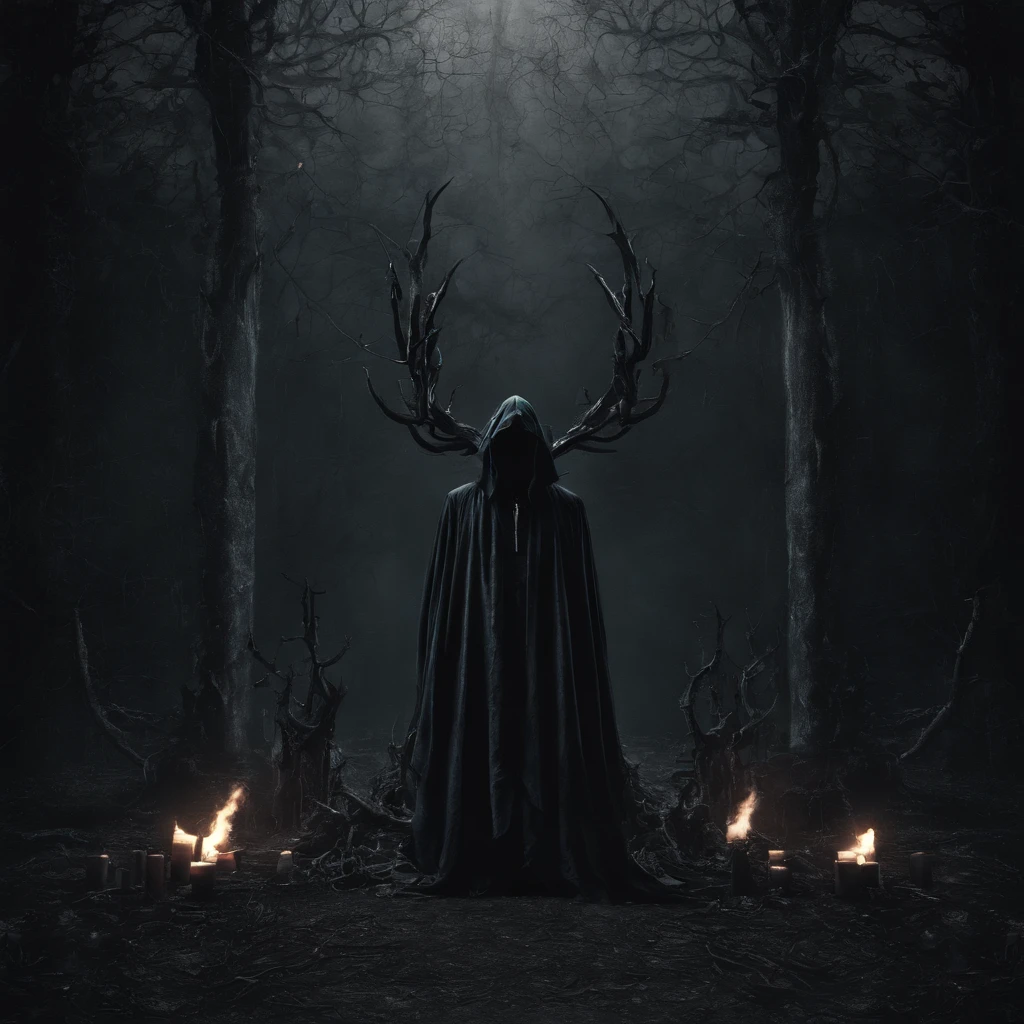 (best quality,4k,8k,highres,masterpiece:1.2),ultra-detailed,(realistic,photorealistic,photo-realistic:1.37),horror,dark,occult,gloomy,color scheme,night time,shadowy,gloomy,ominous atmosphere,A person wearing a deer skull on their head,black robe,candle,burning, flickering light,satanic alter,creepy,dark magic,vivid colors,surrealistic,moonlight,shadows dancing,haunting,spooky aesthetic,ethereal,mysterious figure,ancient ritual,demonic presence,foreboding,menacing,macabre,occult symbols,cryptic writings,mystical,misty atmosphere,pale moonlight,gothic elements,ominous shadows,ghostly,ominous candles,whispering shadows,foreboding darkness,spellbinding,unearthly,unsettling energy,thick darkness,enchanted scenery,total darkness,forbidden rituals,lit by the candlelight,supernatural energies,esoteric knowledge,nightmare-like,hauntingly beautiful,cloaked figure,hooded,mesmerizing,hidden secrets,esoteric meanings,confounding,encrypting,key to the unknown,nightmarish,dark aura,unveiling the shadowy truth,strange and otherworldly,dark glamour,peculiar and eerie ambiance,sinister figure,silent,grim,ancient mysticism,otherworldly presence,ominous atmosphere,casting eerie shadows,dark enchantments,diabolical,cloaked in darkness.