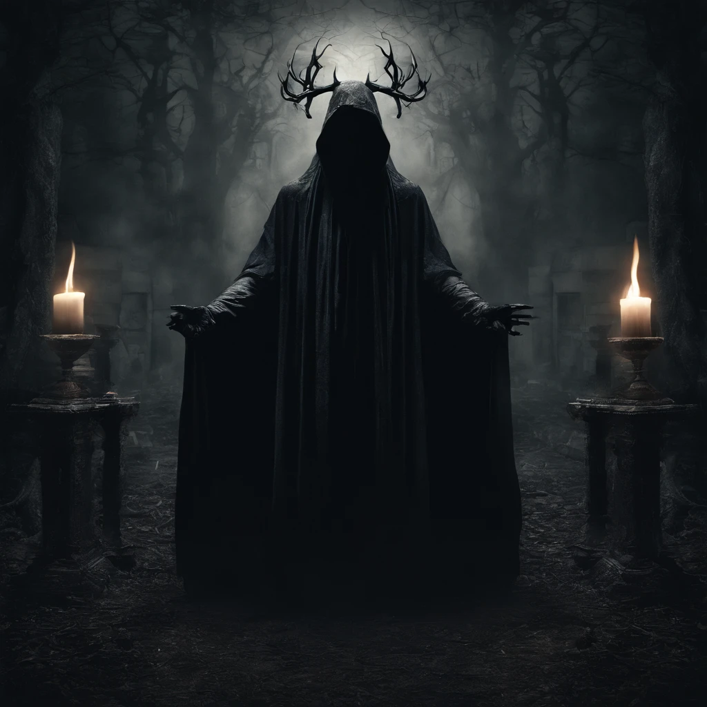 (best quality,4k,8k,highres,masterpiece:1.2),ultra-detailed,(realistic,photorealistic,photo-realistic:1.37),horror,dark,occult,gloomy,color scheme,night time,shadowy,gloomy,ominous atmosphere,A person wearing a deer skull on their head,black robe,candle,burning, flickering light,satanic alter,creepy,dark magic,vivid colors,surrealistic,moonlight,shadows dancing,haunting,spooky aesthetic,ethereal,mysterious figure,ancient ritual,demonic presence,foreboding,menacing,macabre,occult symbols,cryptic writings,mystical,misty atmosphere,pale moonlight,gothic elements,ominous shadows,ghostly,ominous candles,whispering shadows,foreboding darkness,spellbinding,unearthly,unsettling energy,thick darkness,enchanted scenery,total darkness,forbidden rituals,lit by the candlelight,supernatural energies,esoteric knowledge,nightmare-like,hauntingly beautiful,cloaked figure,hooded,mesmerizing,hidden secrets,esoteric meanings,confounding,encrypting,key to the unknown,nightmarish,dark aura,unveiling the shadowy truth,strange and otherworldly,dark glamour,peculiar and eerie ambiance,sinister figure,silent,grim,ancient mysticism,otherworldly presence,ominous atmosphere,casting eerie shadows,dark enchantments,diabolical,cloaked in darkness.