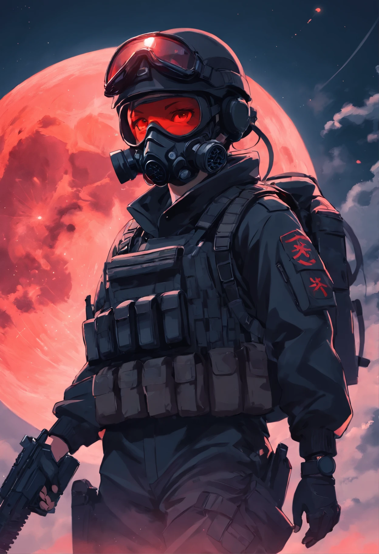portrait of spec ops soldier scp complex, dark background, black uniform, gas mask, tactical equipment, red moon in the background, red moon, red moon behind the character,