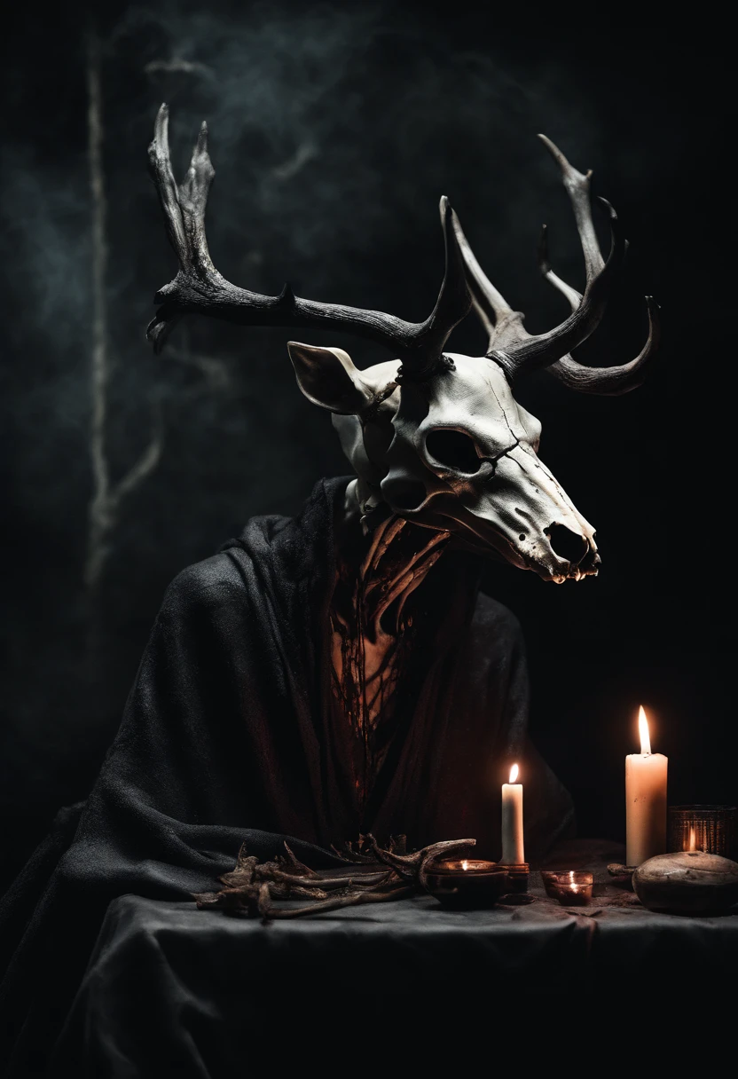 (a person wearing a black hooded robe and a satanic deer skull,a wax candle),(best quality,highres,gloomy,horror,satanic,dark color scheme),dimly lit background,gloomy atmosphere,flickering candle light,creepy vibes,detailed robe texture,dark and mysterious,haunting shadows,spooky aura,sinister expression in the eyes,subtle glow on the candle flame, cinematic camera angle, photo realistic, clear deer skull, highred deer skull, blood on deer skull, wax dripping