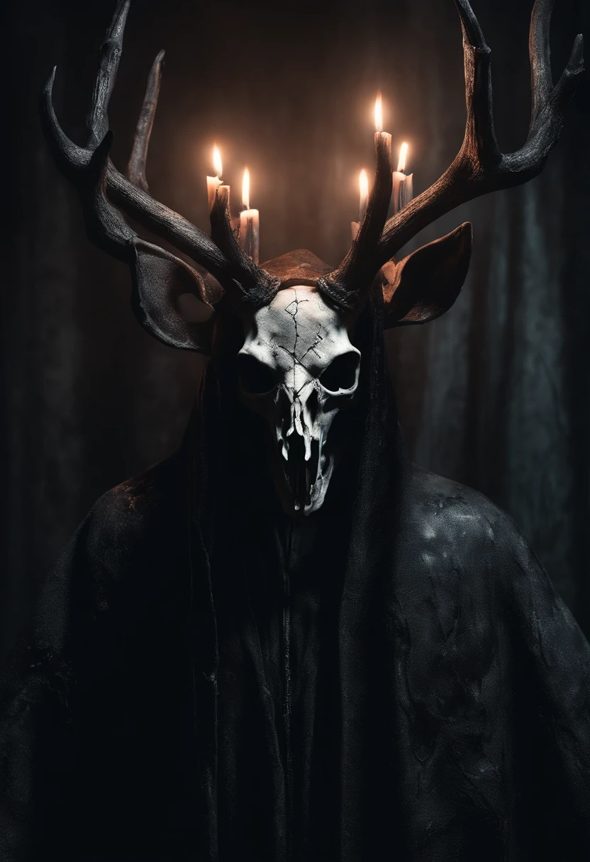 (a person wearing a black hooded robe and a satanic deer skull,a wax candle),(best quality,highres,gloomy,horror,satanic,dark color scheme),dimly lit background,gloomy atmosphere,flickering candle light,creepy vibes,detailed robe texture,dark and mysterious,haunting shadows,spooky aura,sinister expression in the eyes,subtle glow on the candle flame, cinematic camera angle, photo realistic, clear deer skull, highred deer skull, blood on deer skull, wax dripping