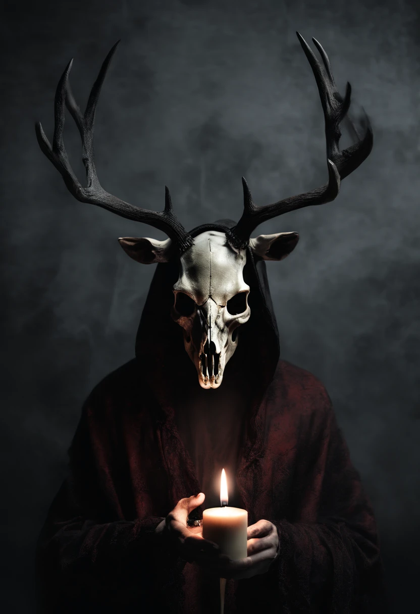 (a person wearing a black hooded robe and a satanic deer skull,a wax candle),(best quality,highres,gloomy,horror,satanic,dark color scheme),dimly lit background,gloomy atmosphere,flickering candle light,creepy vibes,detailed robe texture,dark and mysterious,haunting shadows,spooky aura,sinister expression in the eyes,subtle glow on the candle flame, cinematic camera angle, photo realistic, clear deer skull, highred deer skull, blood on deer skull, wax dripping