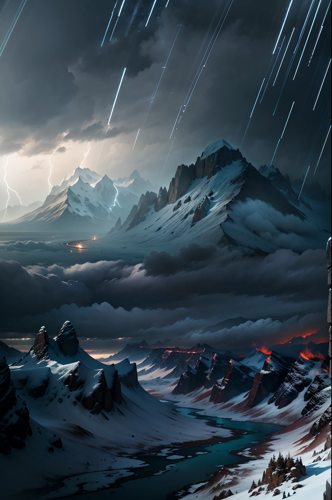 (best quality,4k,8k,highres,masterpiece:1.2),ultra-detailed,(realistic,photorealistic,photo-realistic:1.37),landscape,scenic,mountain range,heavy rain approaching,dangerous atmosphere,suppressed,ominous,dark clouds,dramatic lighting,stormy,thunder and lightning,icy peaks,sharp edges,harsh terrain,majestic,awe-inspiring,massive scale,desolate,isolated,lonely,torrential downpour,raging wind,snow-capped,frigid,treacherous ascent,frozen tundra,unforgiving,wilderness,downpour,snowstorm,unyielding,stark contrast,ominous shadows,unpredictable weather,perilous journey,intense,intrepid adventurers,fearless explorers,emotionless,struggle against the elements,untamed nature