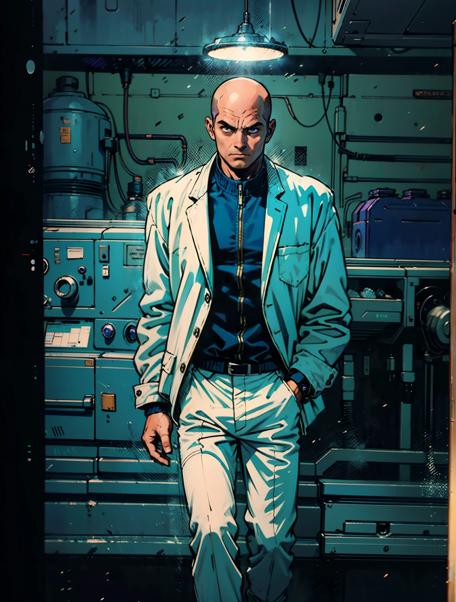 A man with a crew cut, a calm and rational expression, a wise gaze, wears a futuristic scientist's coat, primarily in shades of white, accented by touches of blue and purple, matching utility pants, standing in a mysterious laboratory of an ancient and advanced civilization, with a high-tech incubation tank emitting a faint glow in the background, this character embodies a finely crafted a futuristic sci-fi scientist in anime style, characterized by an exquisite and mature manga illustration art style, high definition, best quality, highres, ultra-detailed, ultra-fine painting, extremely delicate, professional, anatomically correct, symmetrical face, extremely detailed eyes and face, high quality eyes, creativity, RAW photo, UHD, 8k, Natural light, cinematic lighting, masterpiece:1.5