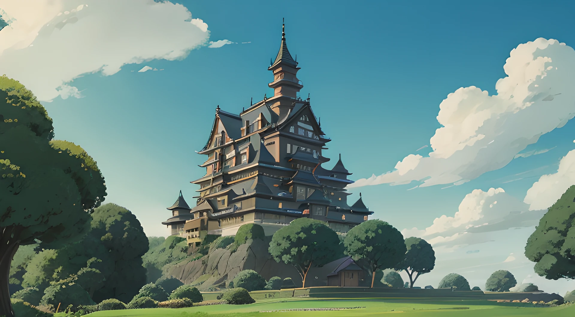 ghibli castle, ghibli clouds, grass field