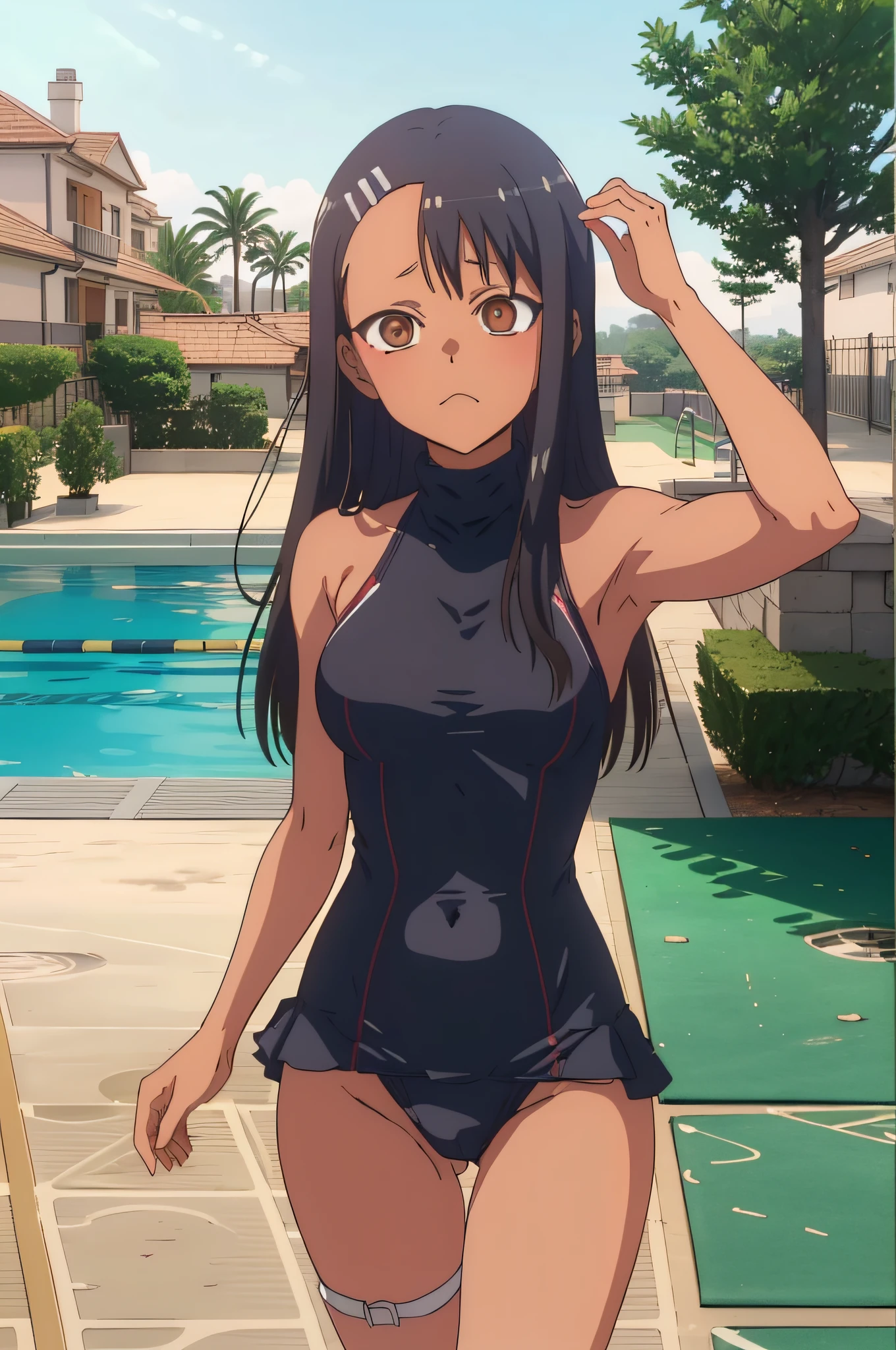 Nagatoro Hayase un la piscina, obra maestra, 1girl,  cabello negro, brown eyes, brown skin, feliz, (((only swimsuit turtleneck))) ,(((swimsuit only ))),((sin mangas)),piscina,