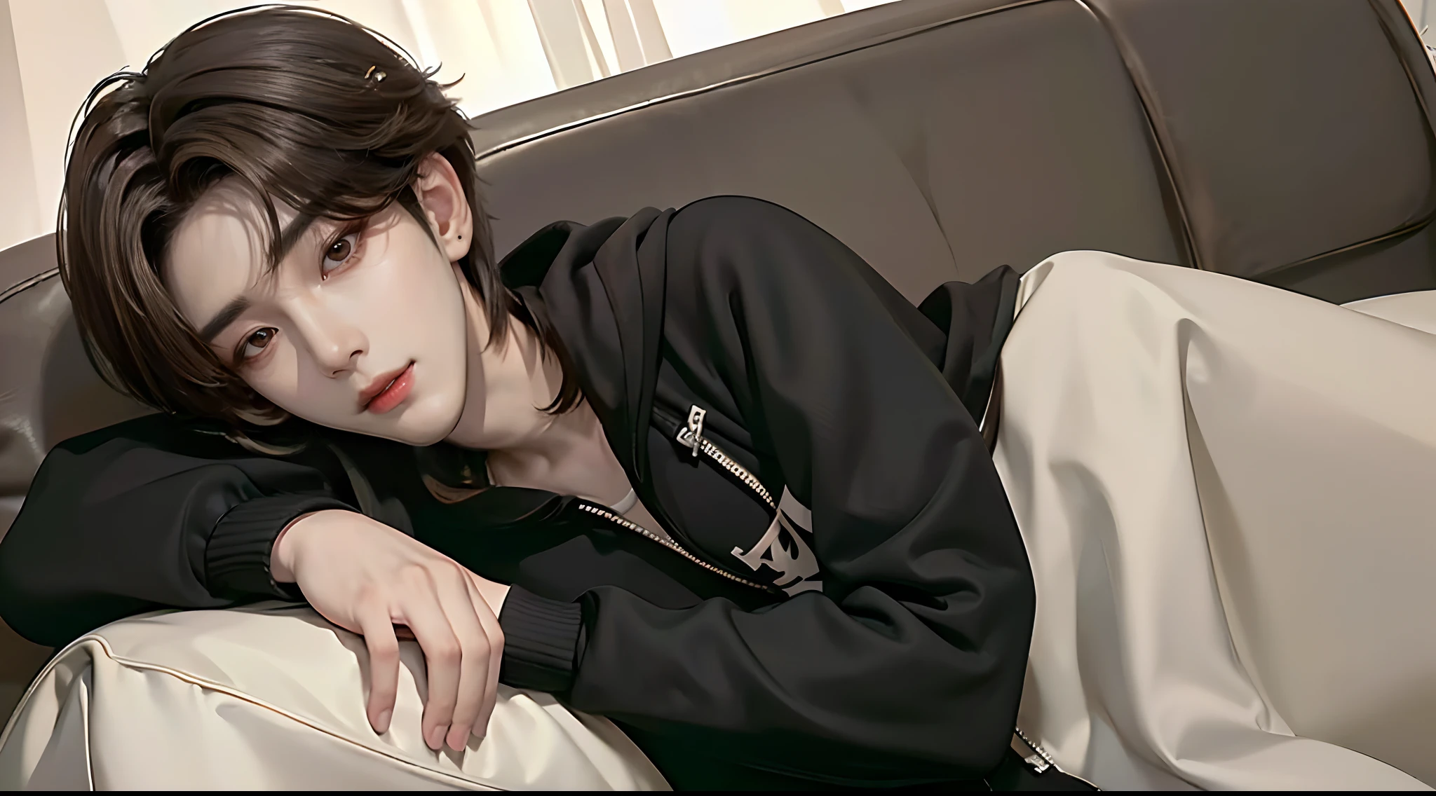 ((4K works))、​masterpiece、（top-quality)、((high-level image quality))、Happiness、((One Manly Boy))、Slim body、((Stylish black hoodie))、(Detailed beautiful eyes)、morning、On the sofa in the stylish living room、Face similar to Chaewon in Ruseraphim、((short hair above the ears))、((Smaller face))、((Neutral face))、((Light brown eyes))、((Korean boy))、((18year old))、((Handsome man))、((Wild look))、((Korean Makeup))、((elongated and sharp eyes))、((Zoom up to face))、((Face enhancement))、((Focus zoom in))、((Take photos close to your face))、((Photos of only one person))