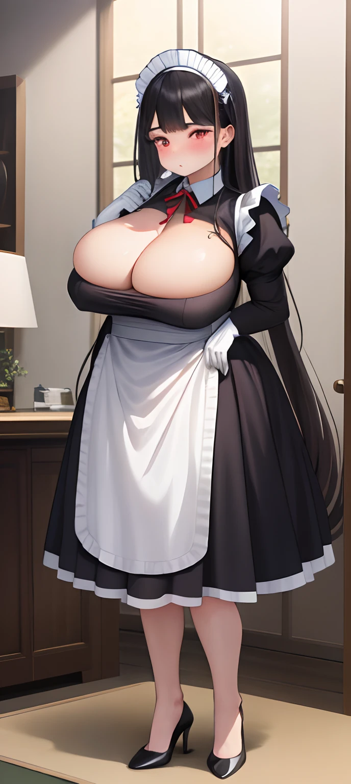 realistic, 1girl, black hair, very long hair, wear bride veil, straight hair, blunt bangs, (red eyes), (glowing eyes), blush, ((((cute maid dress, fully clothed)))), ((big breast)), maid headband, white hand gloves, high heels, ribbon, night, indoor, staring at viewer, lipstick, closed mouth, bare foot, sfw, very big breast, [big belly], covered belly, thicc girl, standing, fat girl, obese girl