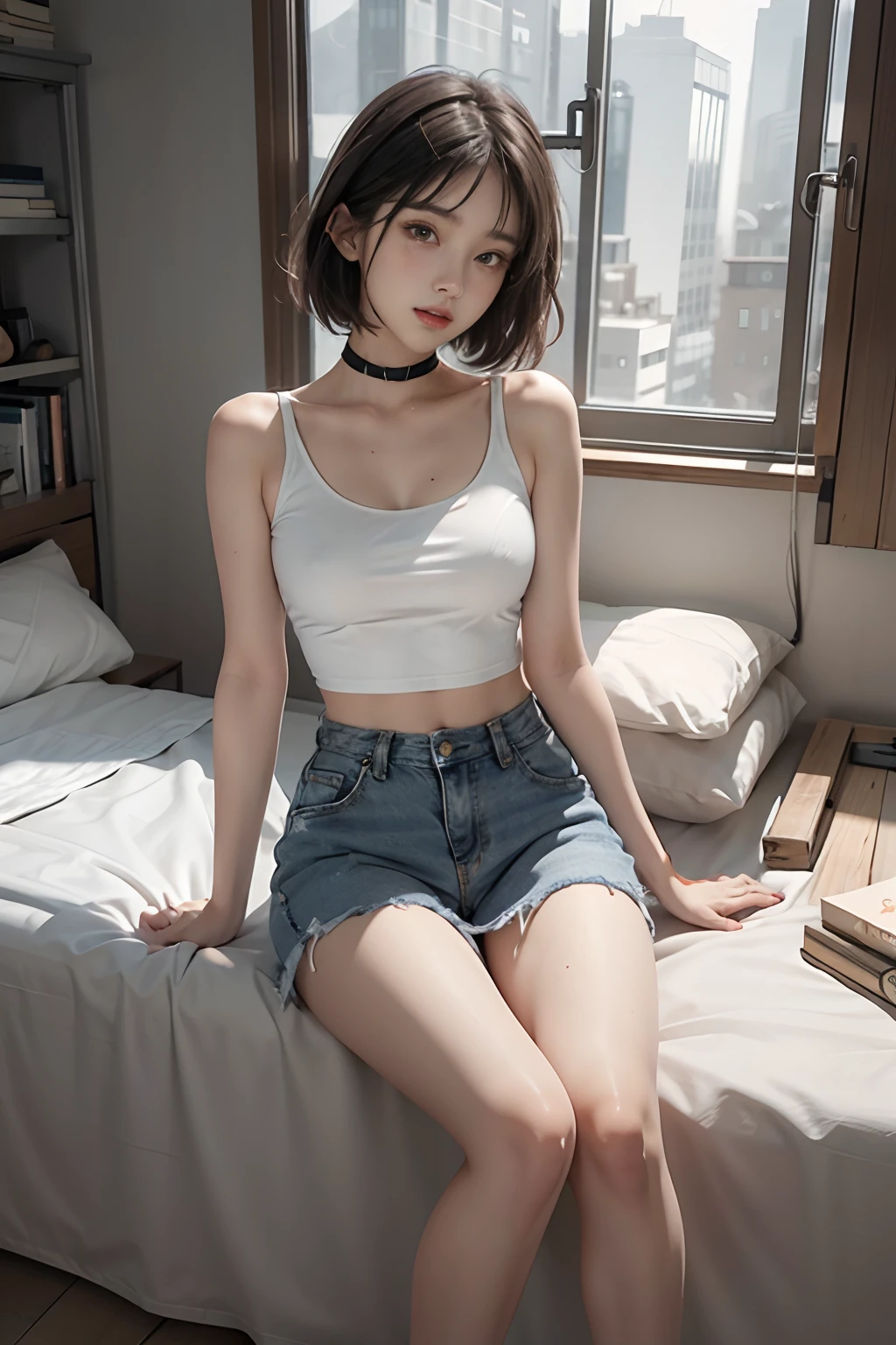 Girl in white bra and tight denim skirt posing for photo, full body, with cropped T-shirt, bra, slim body, smaller bust, slim girl model, 24-year-old female model, lying on the construction site, a group of black men onlooking