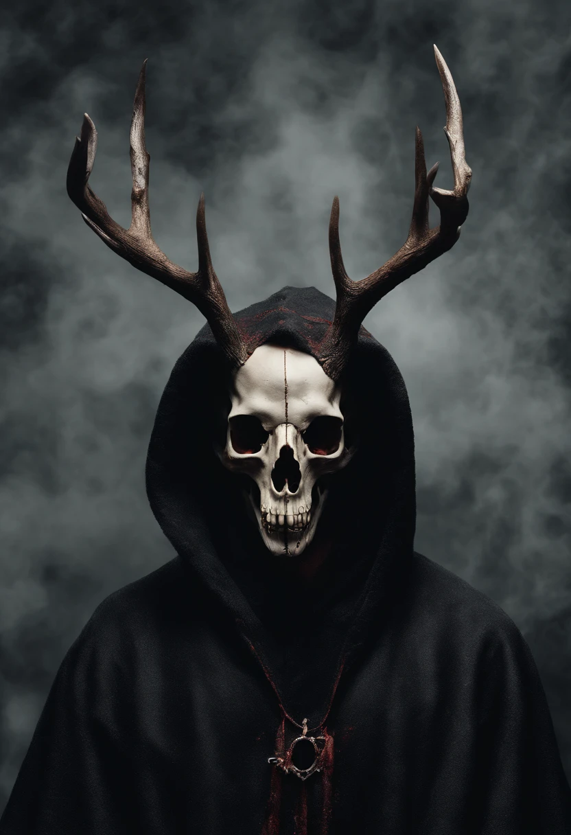 (Melhor qualidade, 4k, highres, obra-prima:1.2), retrato escuro, gore e horror, deer skull mask, partes do corpo expostas e consumidas, atmosfera escura, mysterious illness, antagonista rpg, Gruesome details, efeitos visuais inquietantes, cena macabra, detailed decay, haunted expression, Shadows and Darkness, pesadelo vivo, enervante e visceral, membros emaciados, humor assustador, carne deteriorando, sinister vibration, torcida e distorcida, impending doom, terrifying and morbid, menacing presence, arrepiante, nightmare characterization, horror rastejante, revelando o terror interno.