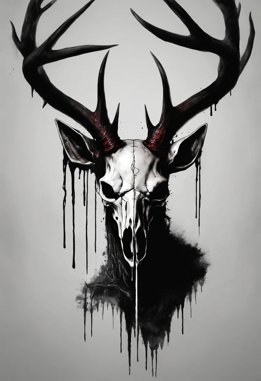(a person wearing a black hooded robe and a satanic deer skull,a wax candle),(best quality,highres,gloomy,horror,satanic,dark color scheme),dimly lit background,gloomy atmosphere,flickering candle light,creepy vibes,detailed robe texture,dark and mysterious,haunting shadows,spooky aura,sinister expression in the eyes,subtle glow on the candle flame, cinematic camera angle, photo realistic, clear deer skull, highred deer skull, blood on deer skull, wax dripping