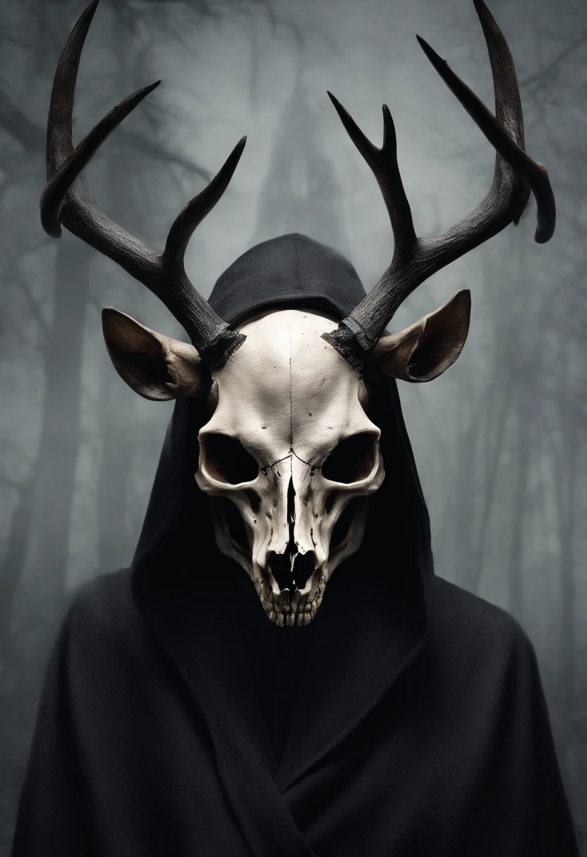 (a person wearing a black hooded robe and a satanic deer skull,a wax candle),(best quality,highres,gloomy,horror,satanic,dark color scheme),dimly lit background,gloomy atmosphere,flickering candle light,creepy vibes,detailed robe texture,dark and mysterious,haunting shadows,spooky aura,sinister expression in the eyes,subtle glow on the candle flame, cinematic camera angle, photo realistic, clear deer skull, highred deer skull, blood on deer skull, wax dripping