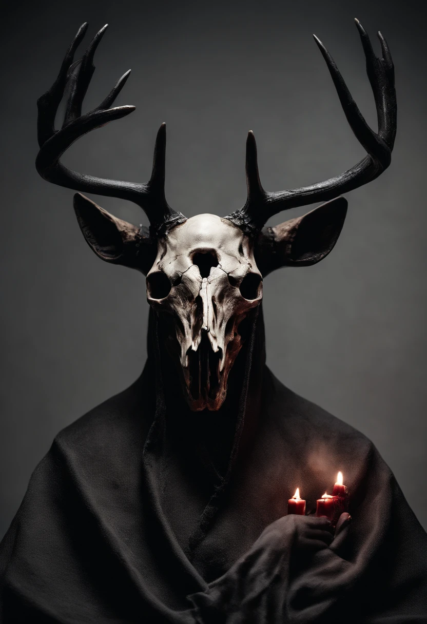 (a person wearing a black hooded robe and a satanic deer skull,a wax candle),(best quality,highres,gloomy,horror,satanic,dark color scheme),dimly lit background,gloomy atmosphere,flickering candle light,creepy vibes,detailed robe texture,dark and mysterious,haunting shadows,spooky aura,sinister expression in the eyes,subtle glow on the candle flame, cinematic camera angle, photo realistic, clear deer skull, highred deer skull, blood on deer skull, wax dripping