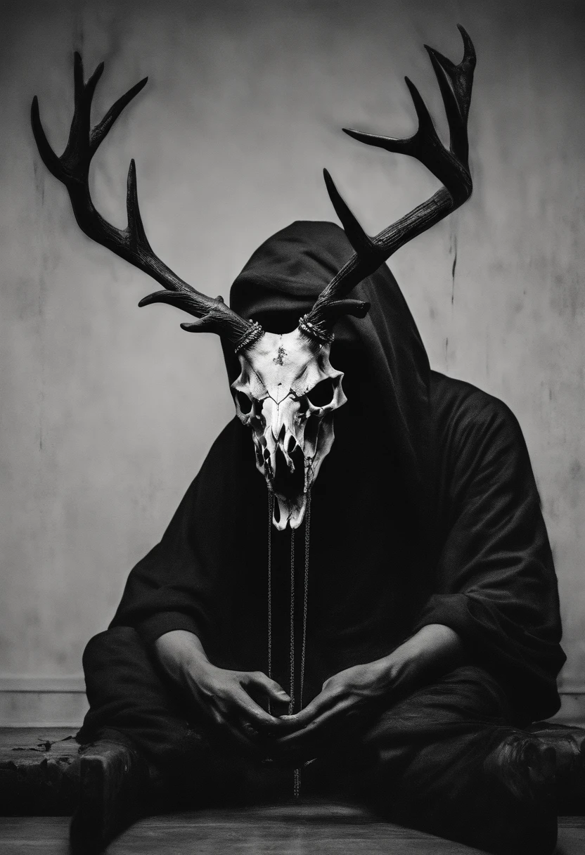 (a person wearing a black hooded robe and a satanic deer skull,a wax candle),(best quality,highres,gloomy,horror,satanic,dark color scheme),dimly lit background,gloomy atmosphere,flickering candle light,creepy vibes,detailed robe texture,dark and mysterious,haunting shadows,spooky aura,sinister expression in the eyes,subtle glow on the candle flame, cinematic camera angle, photo realistic, clear deer skull, highred deer skull, blood on deer skull, wax dripping, chains hanging from background