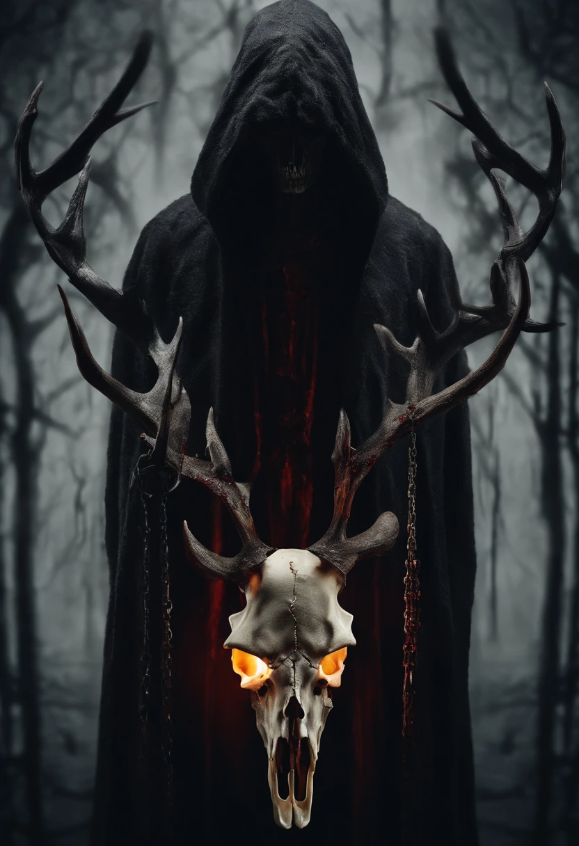 (a person wearing a black hooded robe and a satanic deer skull,a wax candle),(best quality,highres,gloomy,horror,satanic,dark color scheme),dimly lit background,gloomy atmosphere,flickering candle light,creepy vibes,detailed robe texture,dark and mysterious,haunting shadows,spooky aura,sinister expression in the eyes,subtle glow on the candle flame, cinematic camera angle, photo realistic, clear deer skull, highred deer skull, blood on deer skull, wax dripping, chains hanging from background