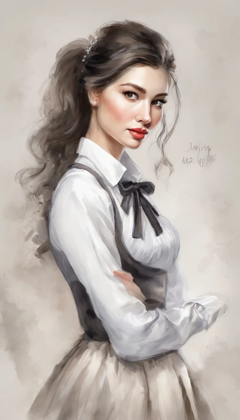 Plain white background,masterpiece,best quality,highres,ultra high res,normal body shape,anime,1 female,close up,indifferent,arms behind back,school uniform,pleated skirt,pantyhose,high ponytail,long black hair,details eyes,details lips,huge breasts,slim waist,medium thighs,high heels