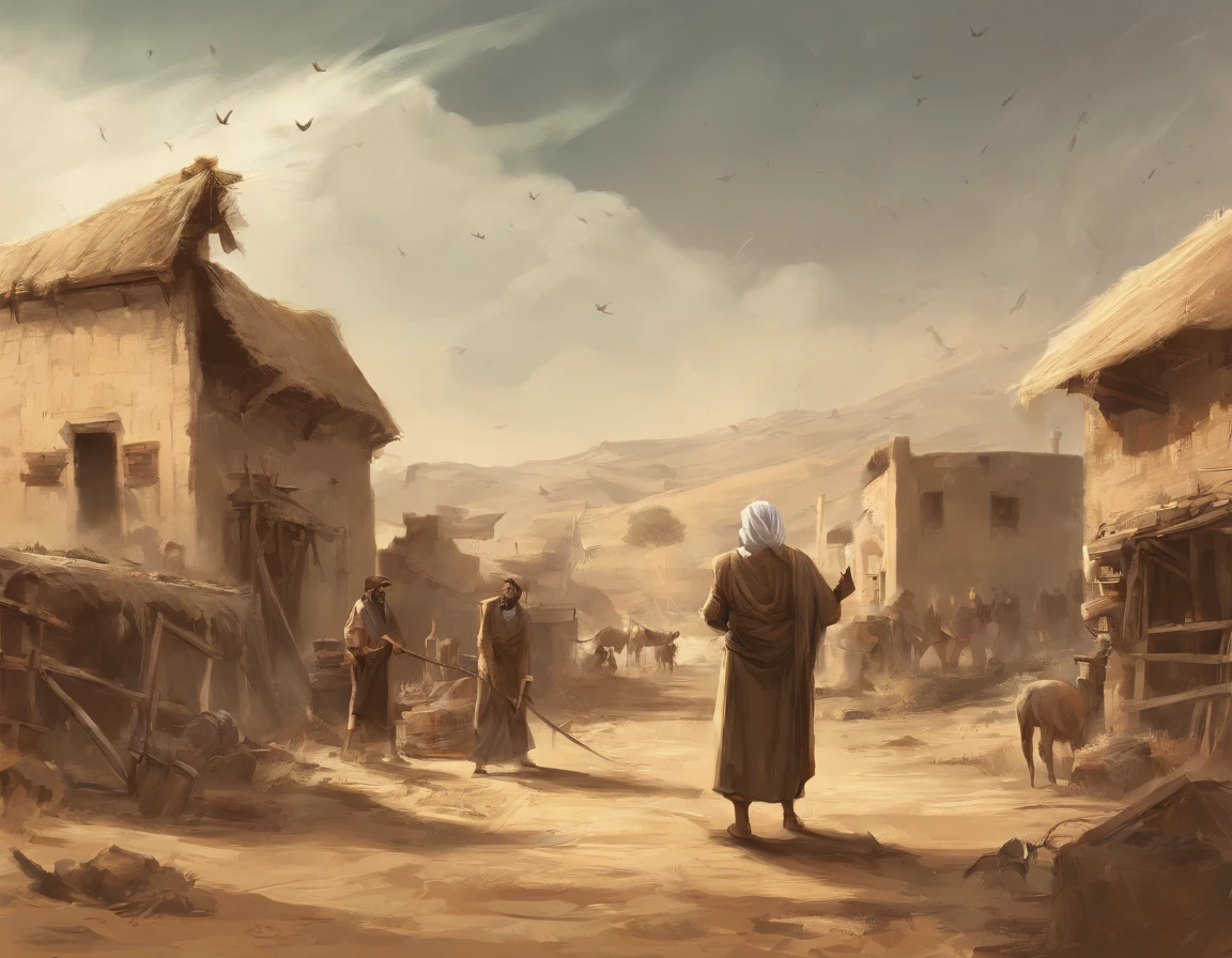 A group of poor people in rags walk with their backs to the photo,Walk through vast ruins,Under a black sky,In the distance, There is a fuzzy black monster in the fog。