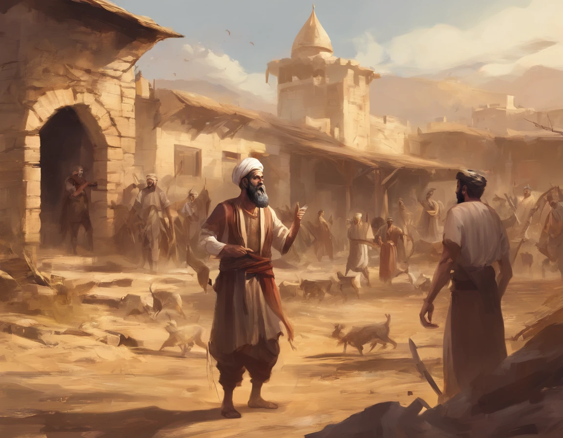 Ancient Persia farm. Angry rich man yelling with anger at the poor farmer crying.