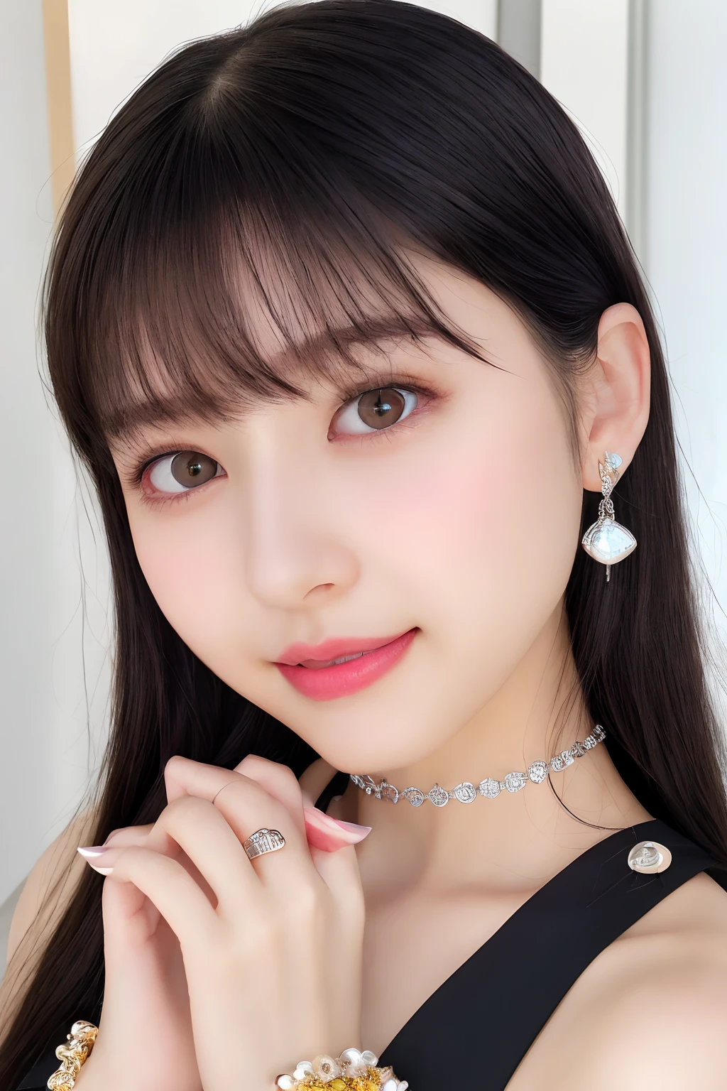 a close up of a woman wearing a pink top and a necklace, gorgeous young korean woman, attractive neck, beautiful young korean woman, beautiful south korean woman, good young girl, lovely delicate face, lovely woman, warm and gentle smile, a cute young woman, friendly seductive smile, a beautiful young woman, cute korean actress, young adorable korean face, slight cute smile