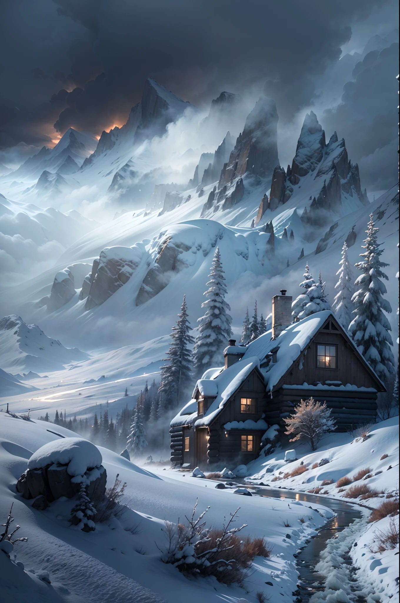 (best quality,4k,8k,highres,masterpiece:1.2),ultra-detailed,(realistic,photorealistic,photo-realistic:1.37),snowy mountain,ominous atmosphere,winter storm approaching,foreboding landscape,icy cold wind,majestic snow-covered peaks,majestic rock formations,misty clouds swirling around the mountaintops,harsh and unforgiving conditions,windswept snow drifts,dramatic lighting,subtle shades of blue and gray,subdued colors,faint glimmers of sunlight piercing through the storm clouds,winter wilderness,wild and untamed nature,serene and remote setting,mysterious silence,isolated cabin in the distance,smoke rising from the chimney,desolate and haunting beauty,lonely figure braving the elements,hooded cloak billowing in the wind,resilient and determined,contemplating the immense power of nature,deep sense of awe and wonder,raw and untamed landscape,sublime and awe-inspiring scenery,frozen in time and space,eternal beauty amidst the chaos,surreal and dreamlike ambiance.