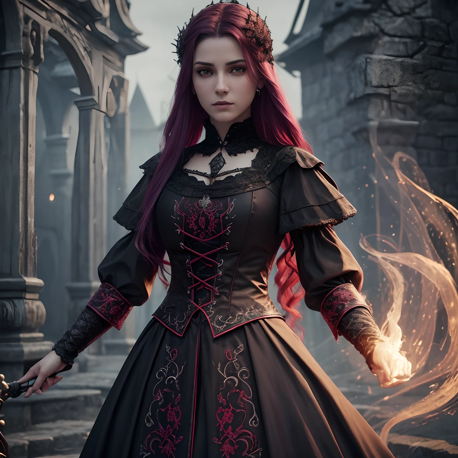 Woman, jellyfish, (Feudal Middle Ages:1.1), Slavic appearance, (longo liso roxo gradiente de cabelo pro vermelho), (Olhos vermelhos), (look of strong expression), batom roxo, pele clara, (Black Gothic clothes with red details:1.1), Yellow scales on the hands, Cinematic lighting, mystic atmosphere, Dynamic focus, ultra realidade, ultra realistic, ultra qualidade, real, Textura real:1.1, Roupas realistas:1.1, 8k insanos, Absurdo,